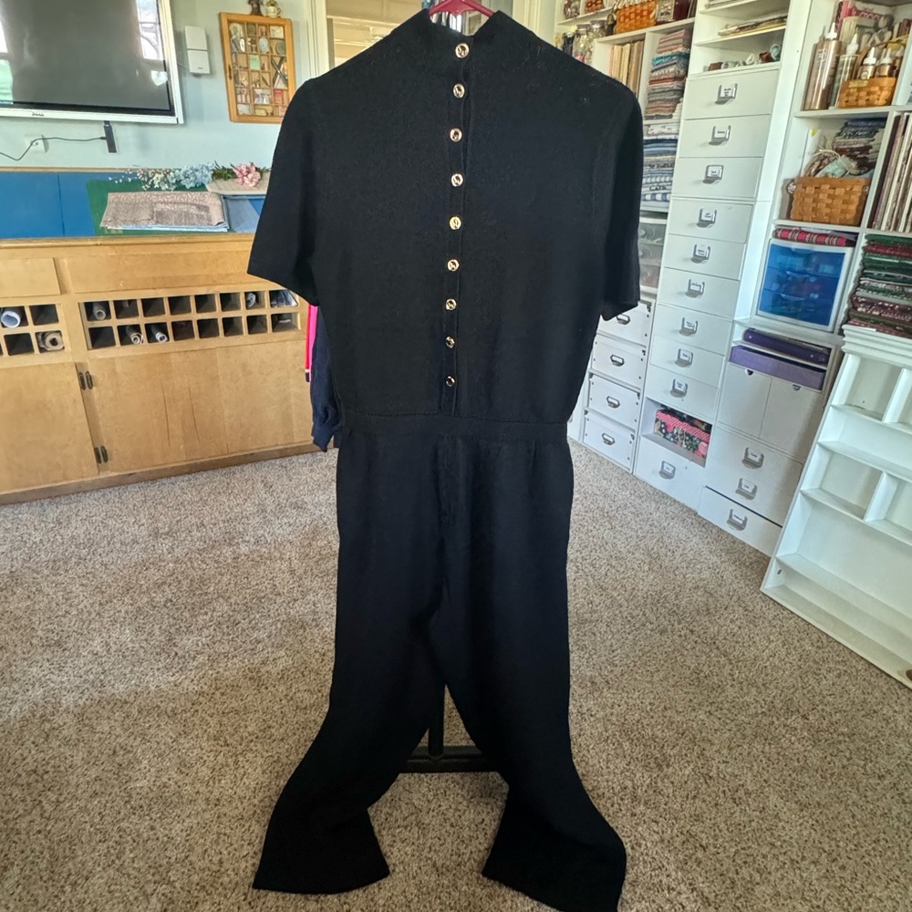 St. John Black Wide-Leg Jumpsuit with Stand-Up Collar